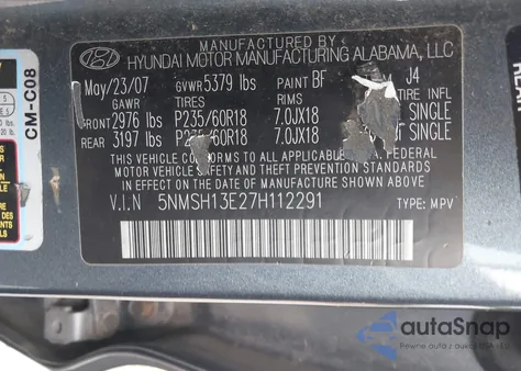 2007 Hyundai Santa Fe Limited/Se z USA, uszkodzony, nr VIN 5NMSH13E27H112291